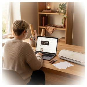 Frau sitzt am Tisch am Laptop und der Plotter steht daneben